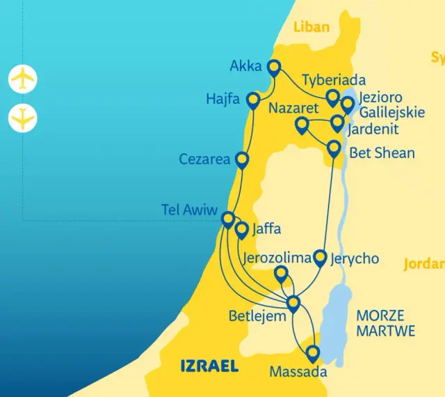 Mapa Izraela z zaznaczonym Nazaretem, Tyberiadą i Jerozolimą. Pokazuje, gdzie leży Nazaret, blisko Jeziora Galilejskiego.