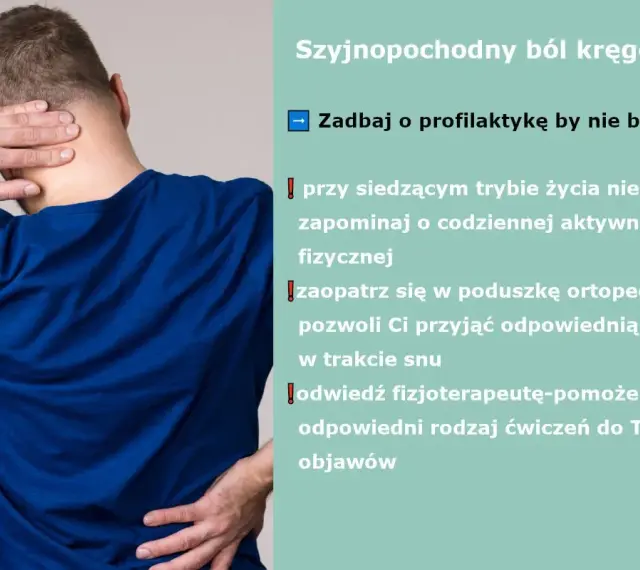 Mężczyzna z bólem karku i pleców. Objawy bólu głowy od kręgosłupa szyjnego mogą być łagodzone przez aktywność fizyczną i poduszkę ortopedyczną.