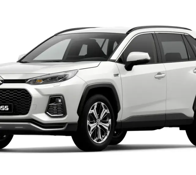 Biały SUV Suzuki Across 4x4 z napędem hybrydowym plug-in, widok z przodu.