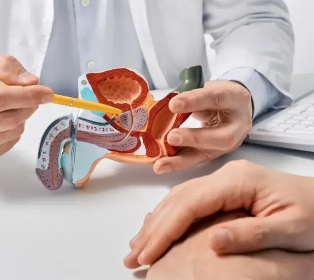 Lekarz omawia z pacjentem model układu moczowo-płciowego, wskazując na obszar prostaty, co może dotyczyć problemów z zapaleniem prostaty.
