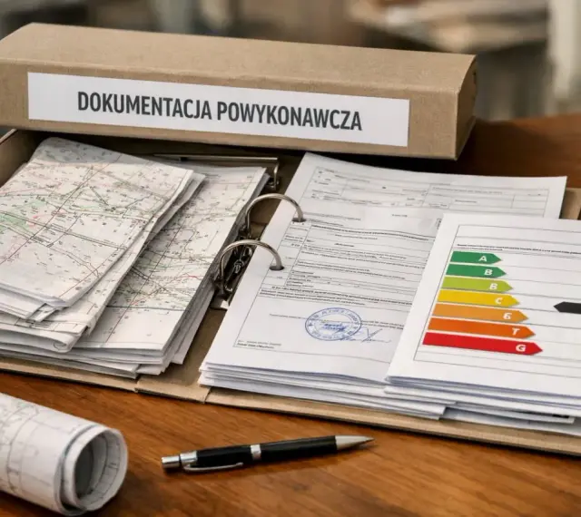 Teczka z napisem "Dokumentacja powykonawcza" zawiera mapy, dokumenty i etykietę energetyczną.