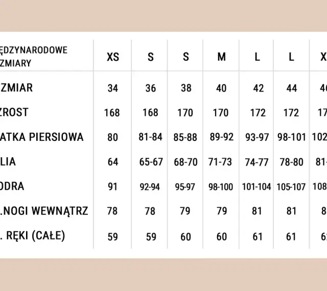 Tabela rozmiarów: wzrost 170 cm odpowiada rozmiarowi M (40), obwód klatki 89-92 cm, talii 71-73 cm, bioder 98-100 cm.