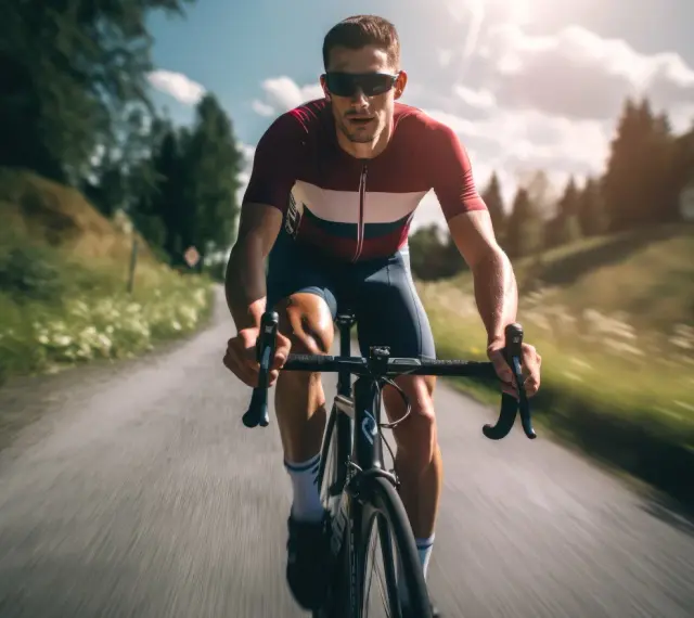Kolarz w okularach i sportowym stroju pokonuje podjazd. Intensywny split trening na górskiej drodze.