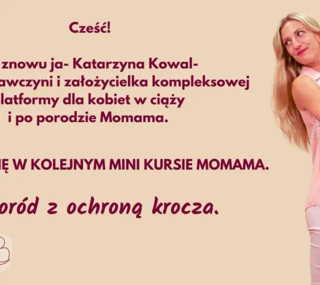 Kobieta w różowej bluzce zaprasza na kurs "Poród z ochroną krocza". Dowiedz się, jak uniknąć pęknięcia krocza.
