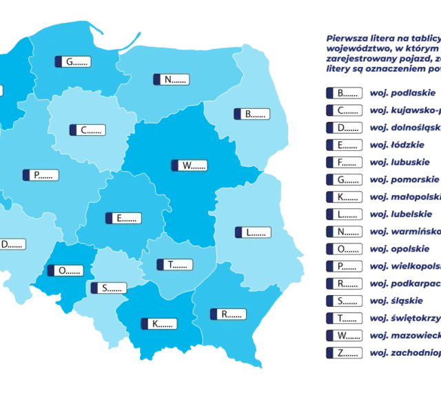 Mapa Polski z zaznaczonymi województwami i literami, które oznaczają ich **eop rejestracja**. Objaśnienie liter znajduje się po prawej stronie.