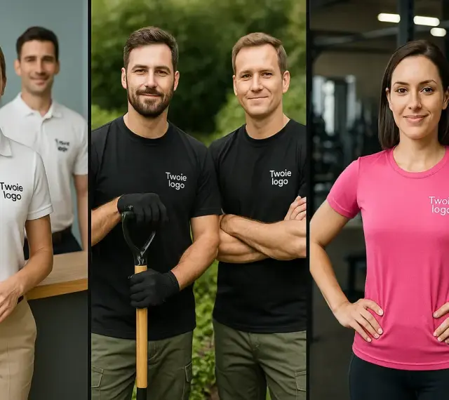 Uśmiechnięci pracownicy w koszulkach z logo firmy. Białe polo, czarne t-shirty z łopatą i różowa koszulka sportowa.
