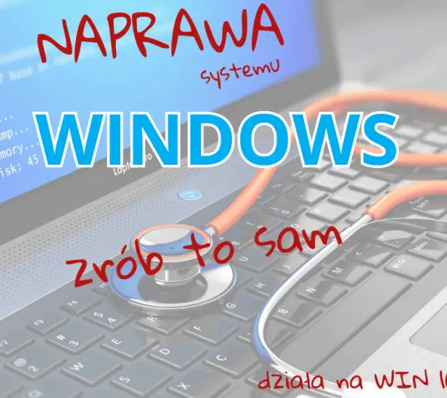 NAPRAWA systemu WINDOWS. Stetoskop na klawiaturze sugeruje, że możesz sam naprawić problemy, jakbyś diagnozował komputer. Działa na WIN 10 i WIN II.