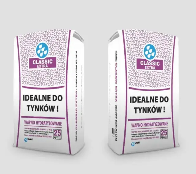 Dwie torby wapna hydratyzowanego Classic Extra, idealne do tynków. Opakowanie 25 kg.