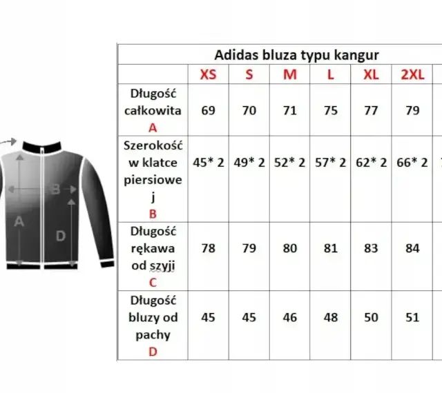 Tabela rozmiarów bluz Adidas. Sprawdź wymiary, np. długość całkowitą dla rozmiaru L.