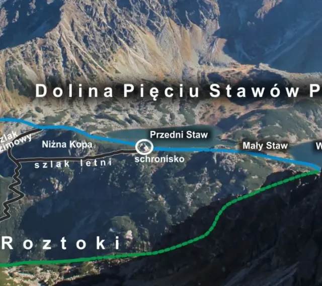 Widok na Dolinę Pięciu Stawów Polskich z zaznaczonymi szlakami. Widać Przedni, Mały i Wielki Staw.