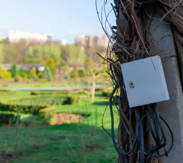 Podłączenie prądu do działki bez domu: szara skrzynka elektryczna na słupie oplecionym pnączami, z widokiem na park.