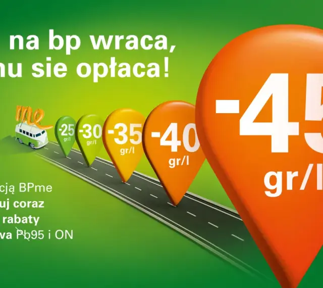 BP promocja: tankuj z aplikacją BPme i aktywuj rabaty do -45 gr/l na paliwa Pb95 i ON. Kto na BP wraca, temu się opłaca!