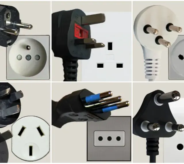 Różne rodzaje wtyczek i gniazdek elektrycznych, w tym te używane we Włoszech.
