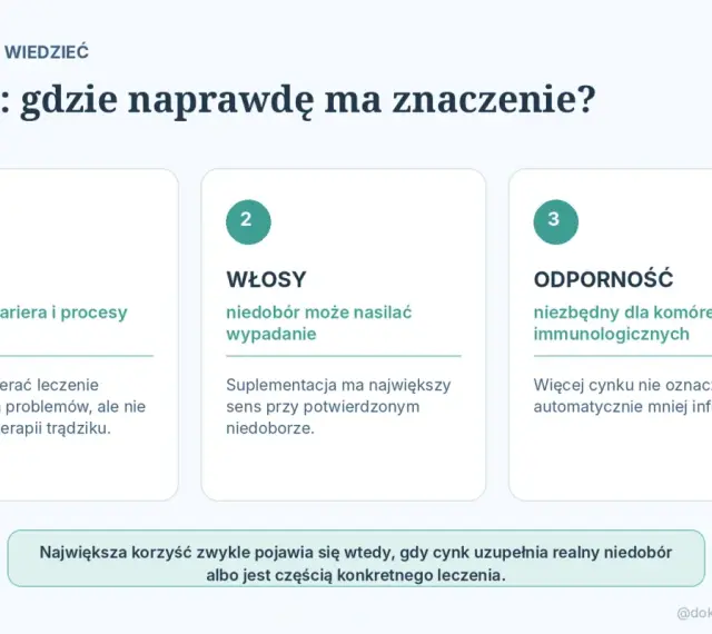 Cynk jest ważny dla skóry, włosów i odporności. Niedobór cynku może nasilać wypadanie włosów i problemy skórne. Suplementacja ma sens przy potwierdzonym niedoborze.