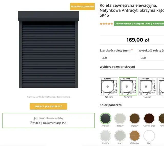 Roleta zewnętrzna antracytowa, cena za m2. Wybierz wymiary i kolor pancerza.