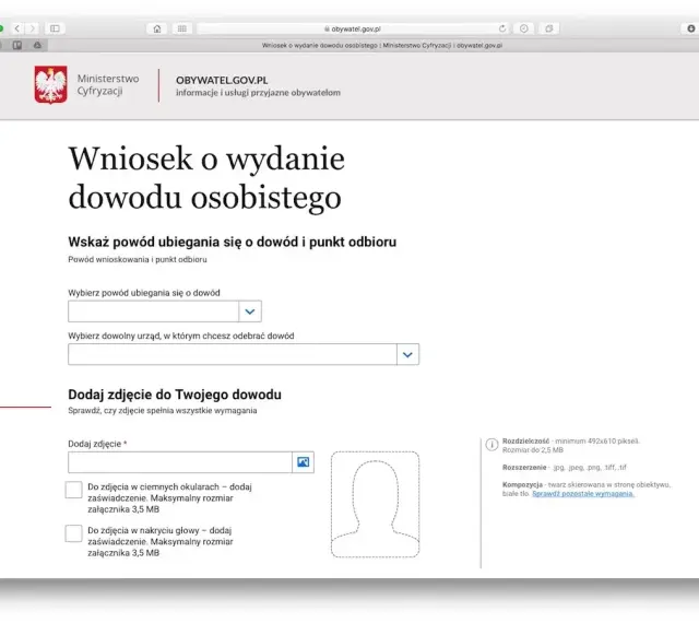 Wniosek o wydanie dowodu osobistego online. Formularz pozwala wybrać powód ubiegania się o dowód i urząd odbioru, a także dodać zdjęcie.