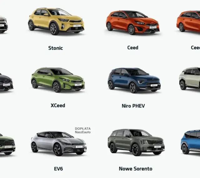 Różne rodzaje pojazdów Kia: miejskie Picanto, SUV-y Stonic, Ceed, XCeed, Sportage, Sorento oraz elektryczne EV3, EV6, EV9.