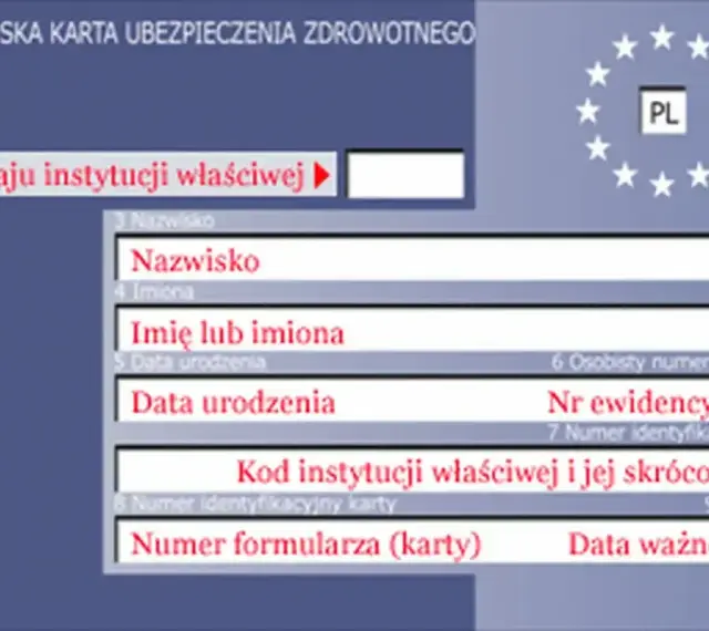 Europejska Karta Ubezpieczenia Zdrowotnego, potwierdzająca przynależność do NFZ. Zawiera dane osobowe i numer identyfikacyjny.