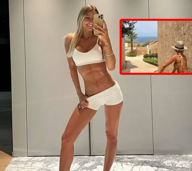 Agata Sieramska pozuje w białym sportowym komplecie, prezentując wyrzeźbiony brzuch. W małym kadrze widać ją w słomkowym kapeluszu na tle śródziemnomorskiego krajobrazu.