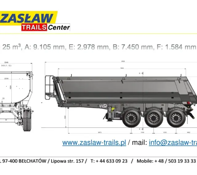 Rysunek techniczny naczepy ZASŁAW z wymiarami: V=25m³, A=9105mm, E=2978mm, B=7450mm, F=1584mm.