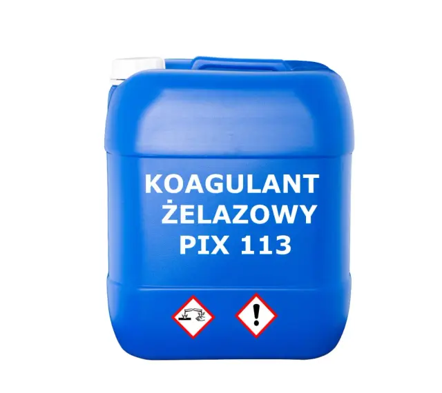 Niebieski kanister z białym napisem "KOAGULANT ŻELAZOWY PIX 113" i symbolami ostrzegawczymi.