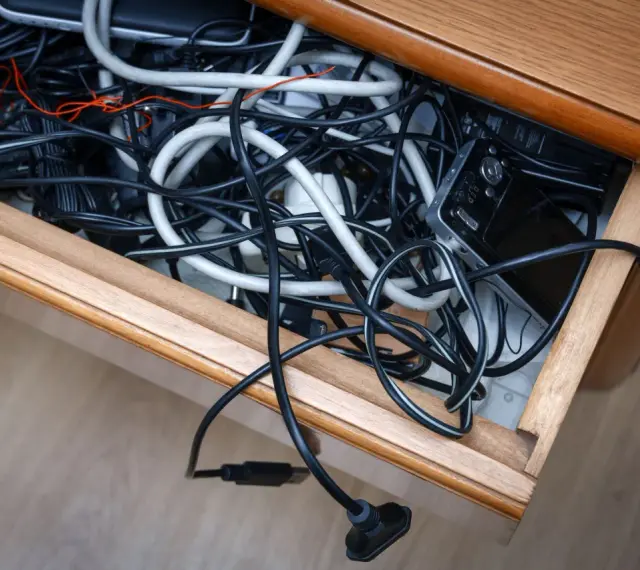 Szuflada pełna plątaniny kabli, ładowarek i urządzeń elektronicznych.