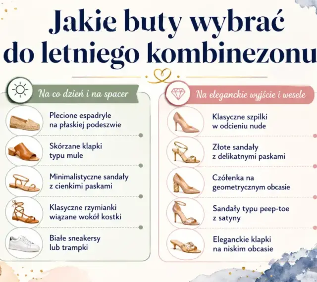 Jakie buty do kombinezonu? Stylizacje na co dzień i na wesele: espadryle, sandały, szpilki, klapki.