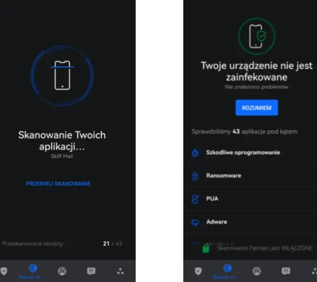 Aplikacja pokazuje, jak usunąć wirusa z telefonu. Urządzenie jest czyste, przeskanowano 43 aplikacje.