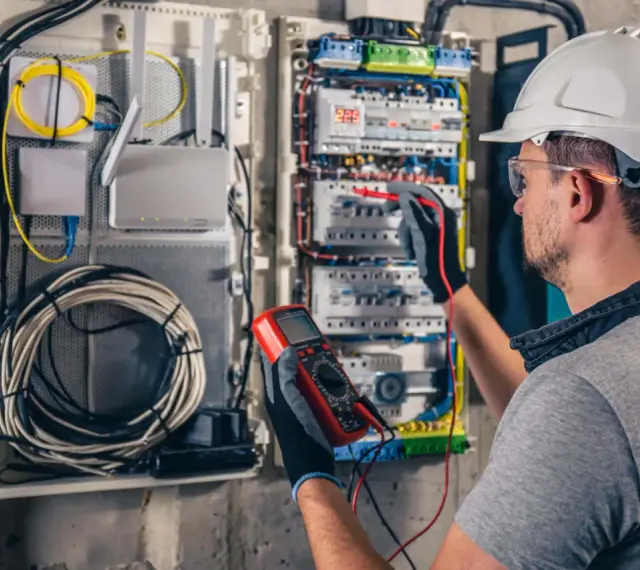 Elektryk z multimetrem sprawdza instalację elektryczną, dbając o kompensację mocy biernej.