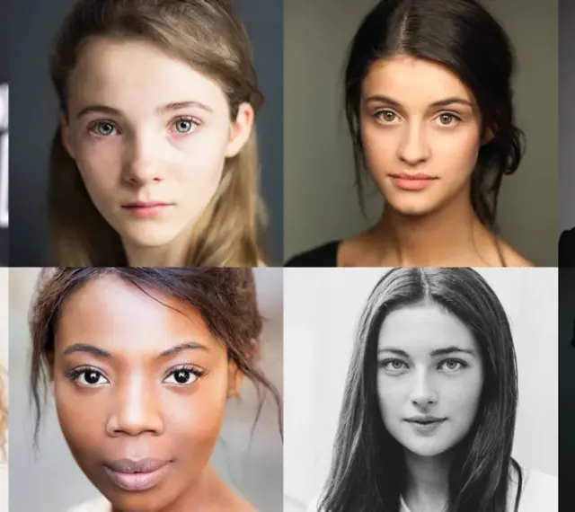 Portrety aktorów z serialu Wiedźmin: Henry Cavill, Freya Allan, Anya Chalotra, Joey Batey, Mimi Ndiweni, Eamon Farren, MyAnna Buring, Mahesh Jadu.