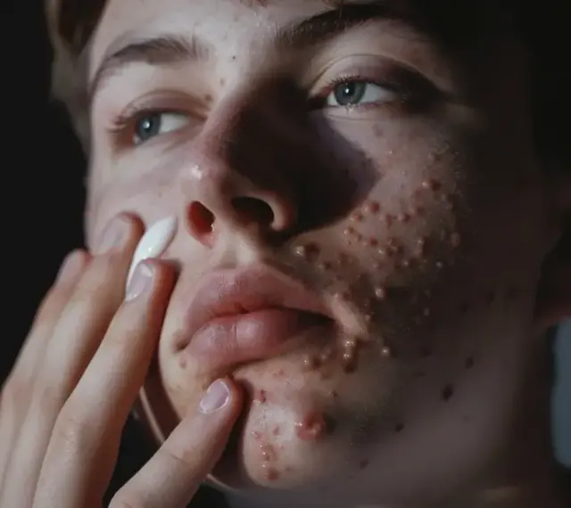 Młoda osoba z trądzikiem nakłada krem na twarz, zastanawiając się, czy sudocrem jest dobry na rany.