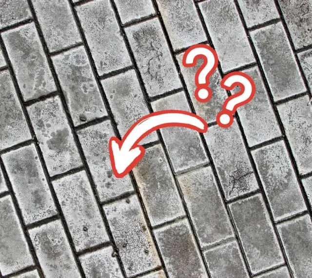 Szare wykwity na kostce brukowej, zaznaczone czerwoną strzałką i znakami zapytania.