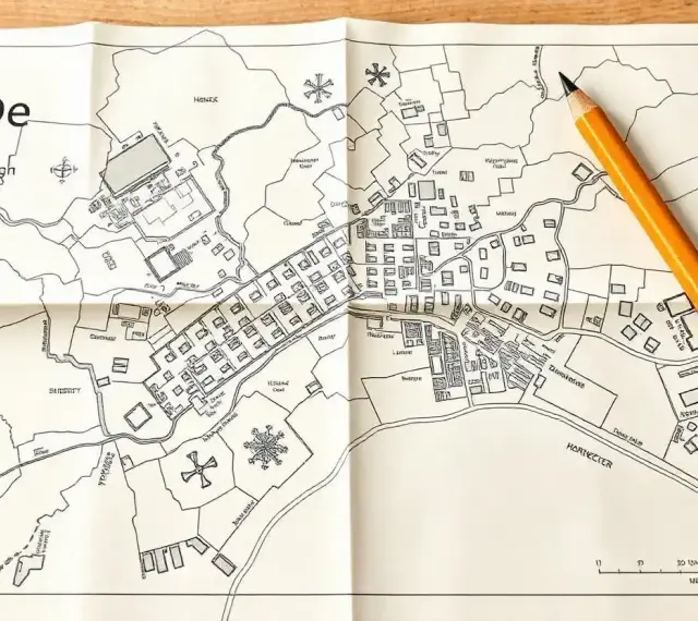 Ołówek spoczywa na złożonej mapa do celów projektowych przedstawiającej miasto z budynkami, rzeką i polami.