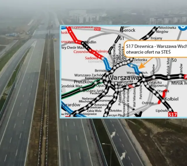 Droga S17, wschodnia obwodnica Warszawy, w budowie. Mapa pokazuje trasę S17 Drewnica - Warszawa Wschód.