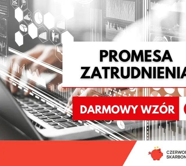 Ręce nad klawiaturą laptopa, nad nimi grafiki z danymi. Na białym tle napis "PROMESA ZATRUDNIENIA" i "DARMOWY WZÓR".