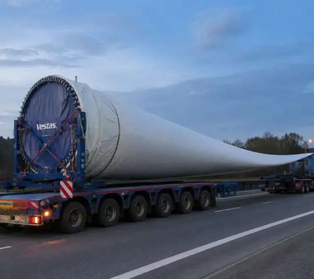 Ogromne łopaty wiatraka Vestas na specjalistycznej naczepie. Ten transport przesyłowy wymaga szczególnej ostrożności.
