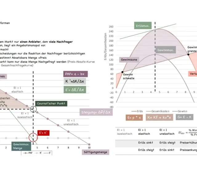 Monopol: Ein Anbieter trifft auf viele Nachfrager. Die Grafik zeigt Gewinnmaximierung und die Preis-Absatz-Kurve.