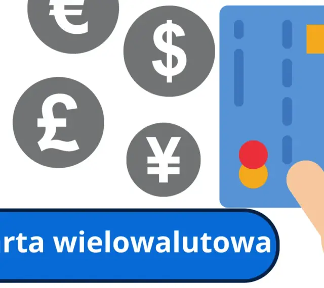 Dłoń trzyma kartę wielowalutową, a w tle symbole euro, dolara, funta i jena.