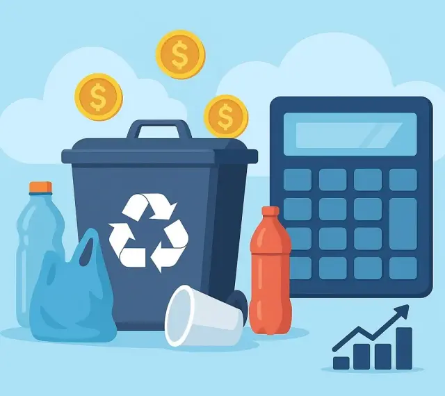 Kosz na śmieci z symbolem recyklingu, butelki, kubek, kalkulator i monety. Utylizacja co to? To sposób na oszczędzanie i zarabianie.