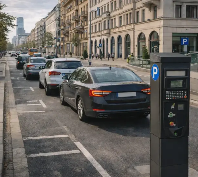 Parkomat przy ulicy, gdzie samochody czekają w kolejce. Opłata za parkowanie wynosi euro 5.