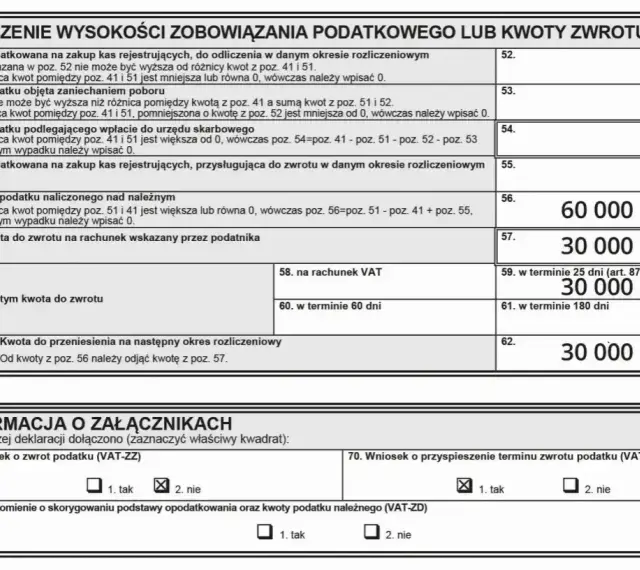 Formularz VAT z kwotą 30 000 zł do zwrotu na rachunek bankowy, co może być związane ze zwrotem VAT przy budowie domu.