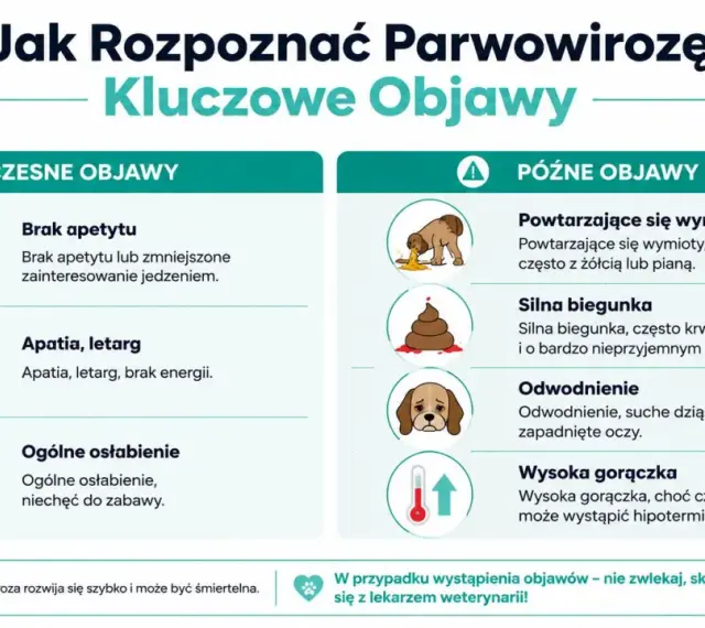 Ilustracja przedstawia objawy parwowirozy u psa: brak apetytu, apatia, wymioty, biegunka, odwodnienie i gorączka.