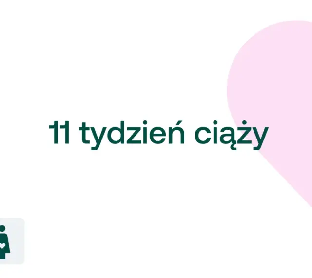 11 tydzień ciąży. D+ logo i symbol kobiety w ciąży na tle różowego serca.