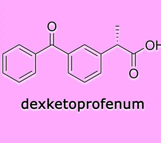 Struktura chemiczna deksketoprofenu, leku przeciwbólowego i przeciwzapalnego.