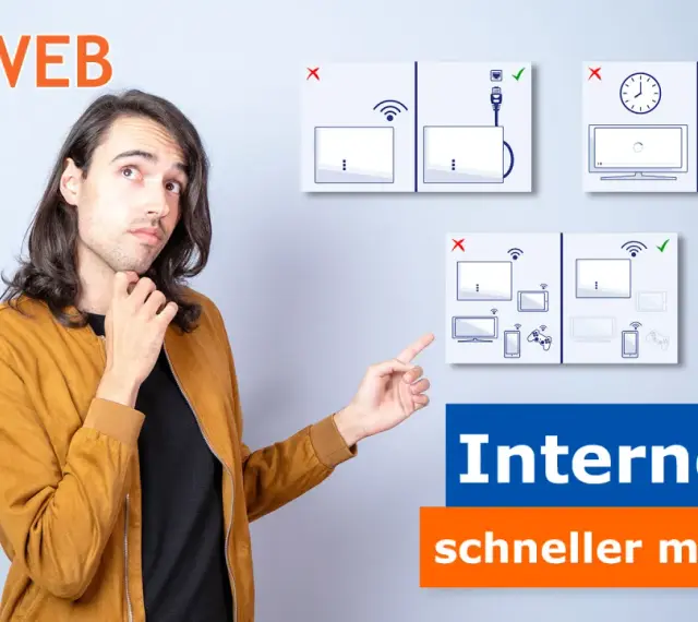 Mann erklärt, wie man das Internet schneller machen kann, indem man Geräte richtig verbindet und überlastete WLAN-Netzwerke vermeidet.