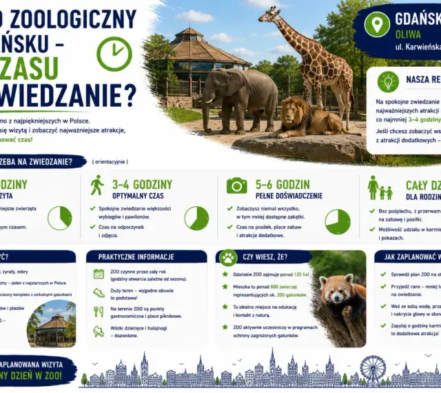 Ile czasu na zwiedzanie zoo w Gdańsku? Na szybką wizytę 2-3h, optymalnie 3-4h, a pełne doświadczenie 5-6h.