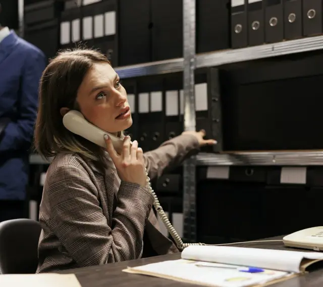Kobieta, pracująca jako kryminolog, odbiera telefon w archiwum pełnym akt.