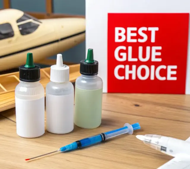 Three bottles of model glue and a syringe sit on a wooden surface next to model airplanes. A red sign reads "BEST GLUE CHOICE.