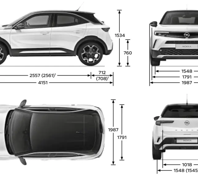 Opel Mokka wymiary: długość 4151 mm, szerokość 1791 mm, wysokość 1534 mm. Kompaktowy SUV z wyraźnymi proporcjami.