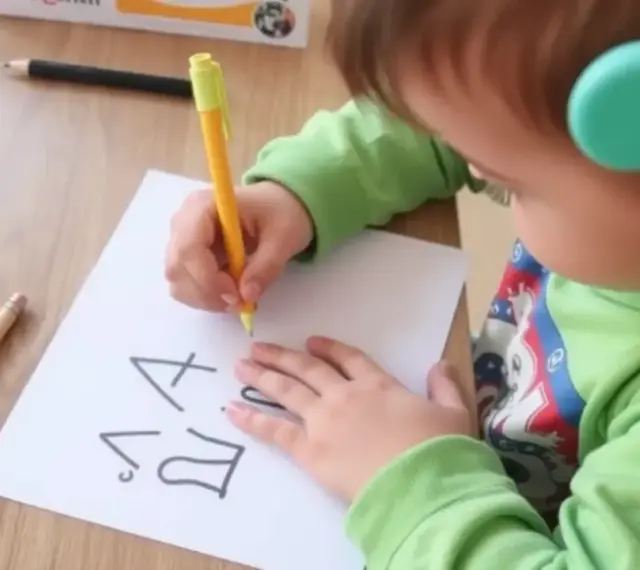 Dziecko w słuchawkach ćwiczy pisanie, wykonując ćwiczenia na dysgrafię.